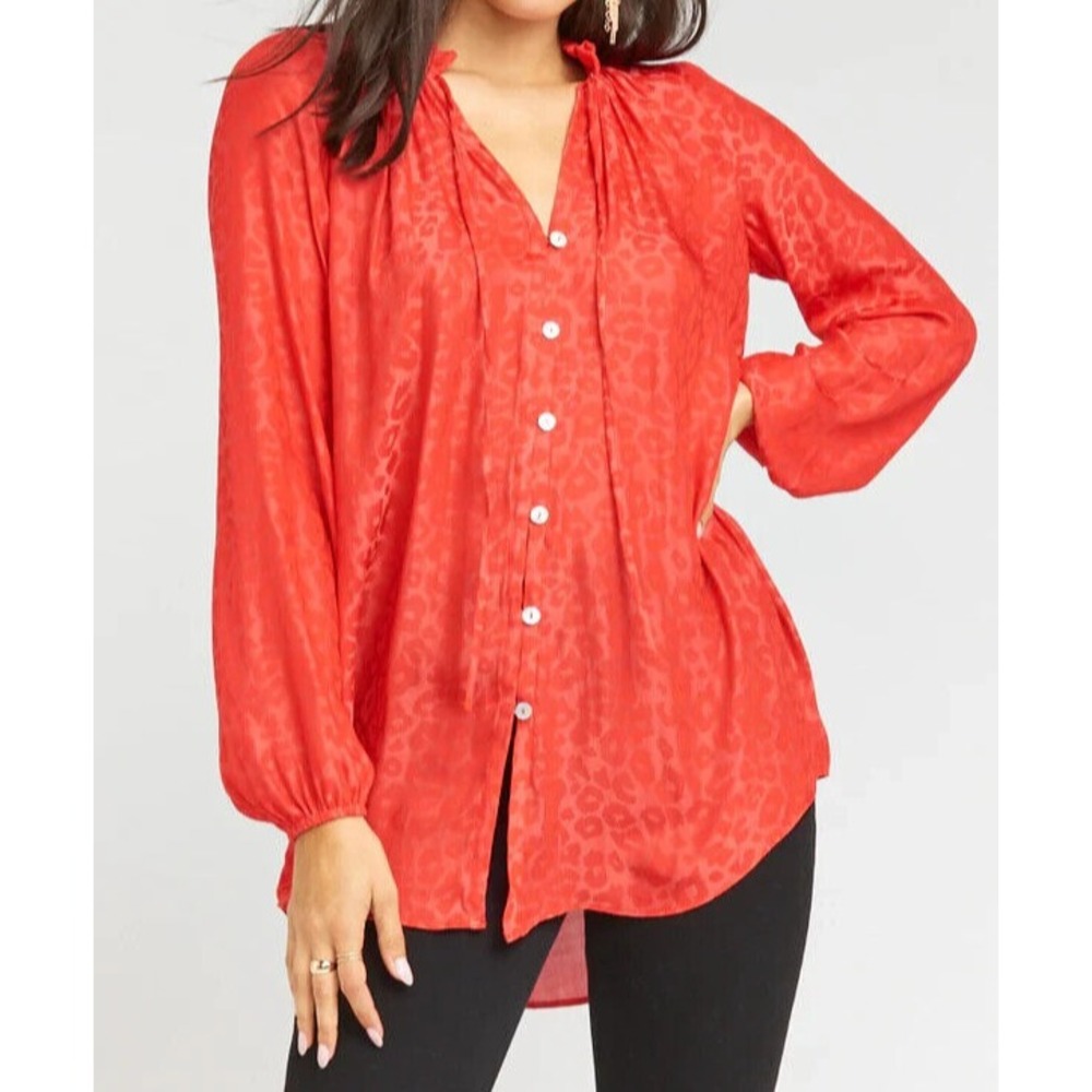 SHOW ME YOUR MUMU Red CHEETAH Button-Up SATIN Ruffle ALICIA TUNIC TOP/BLOUSE M